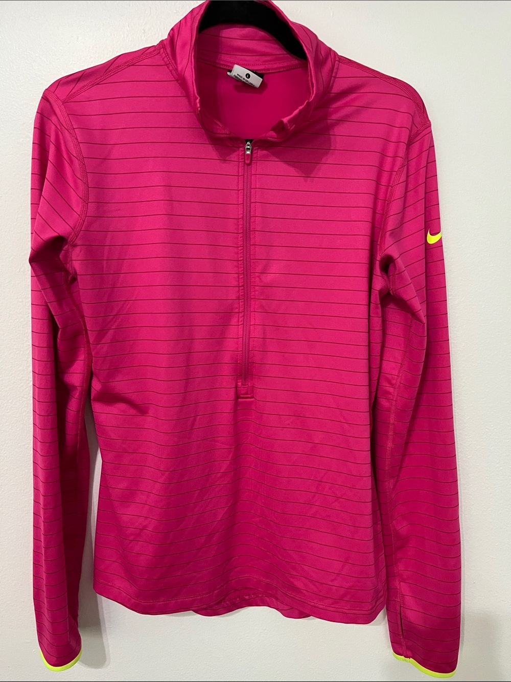 Nike Hot Pink Striped Half-Zip Pullover with Neon Yellow Swoosh
